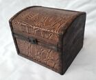 Vintage Treasure Chest Textured Wood Trinket Jewelry Box Higed Dome Lid & Latch