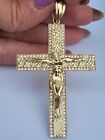 Big diamond cut 10k Gold Jesus Crucifix Cross Pendant 3 inches long