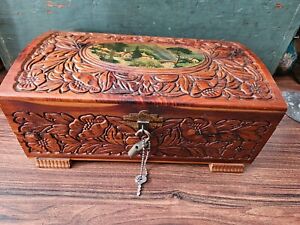 Vintage Hand Carved Wood Chest/ Jewelry Box Floral Detail