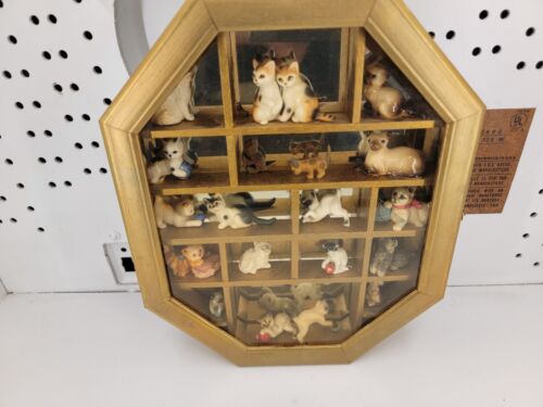 Vintage Porcelain Cat Gold Wall Hanging Multiple Tiny Figurines with Wood