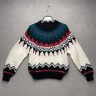 Vintage Ivy Sweater Women Small White Blue Geometric Fair Isle Hand Knit 80s 90s