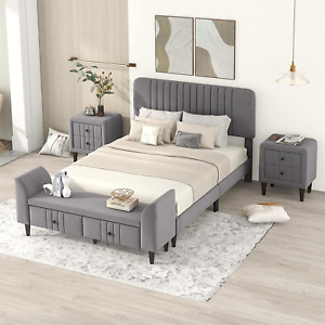 4-Piece Bedroom Set: Full Size Upholstered Platform Bed, 2 Nightstands, Storage