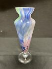 Murano Swirled Glass Tulip Style Stemmed Vase Pastel Blue Pink Green 9.25” Tall
