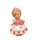 Vintage Valentine Figurine Girl Pink White Polka Dot Dress Hearts Hand Painted