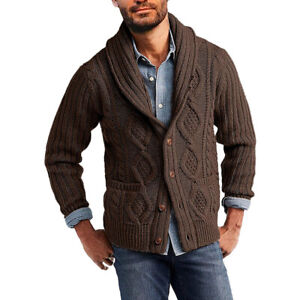 Mens Jumper Sweater Shawl Neck Thick Cable Knit Button Up Cardigan Warm Top Coat