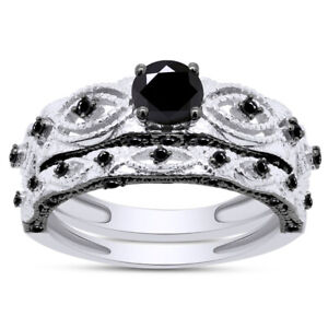 Simulated Round Black Spinal Vintage Design Wedding Ring Set 925 Sterling Silver