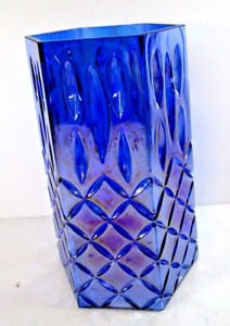 FTD Colbalt Blue Irridescent Hexagon 6 Sided Glass Vase 8