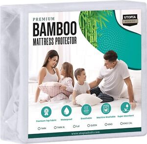 Premium Waterproof Bamboo Mattress Protector, Mattress Cover, Breathable, Fitted