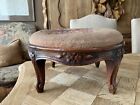 Small Antique French Round Footstool Carved Flowers