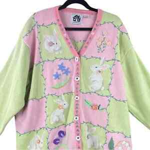 Storybook Knits Pastel Easter Cardigan Sweater Size 3X Bunnies Flowers Spring