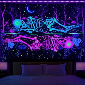 Blacklight Skull Tapestry Trippy Forest Tree Tapestry UV Reactive Skeleton Lo...
