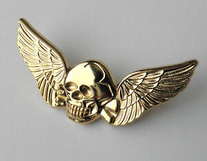 Skull Death Wings Biker Special Forces Gold Colored Hat Jacket Lapel Pin 2 inch