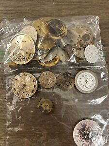 vintage pocket watch parts lot , main plate,  dials ,
