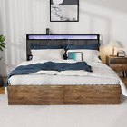 King Bed Frame W/ RGB Lights Charging Station Headboard 2 Drawers Rustic Brown