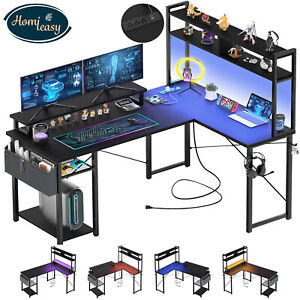 L Shaped Gaming Desk with Led Lights and Power Outlets Home Office Computer Desk