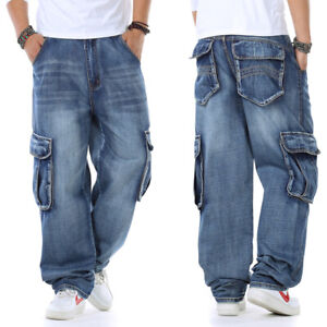 Big Tall Men Jeans Relaxed Fit Cargo Pants Wide Legs Huge Pocket Rugged WorkWear