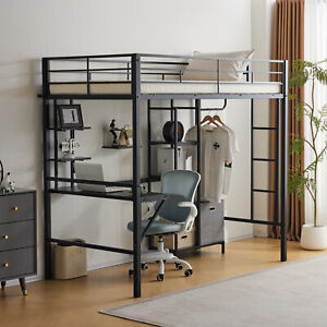 Twin Loft Bed Metal Bed with Desk Writing Board and Storage Shelve &Clothes Rail