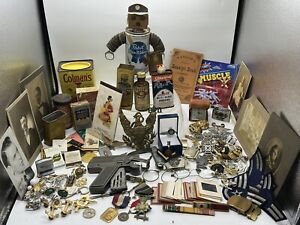New ListingVintage JUNK Drawer Lot ADVERTISING, Silver, Military Pins, Toys Photos Lighters