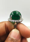 Round Cabochon Shape Deep Green 27.65CT Emerald With Bright CZ Flower Halo Ring