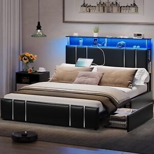 Queen Bed Frame with Charging Station &LED Lights Modern Leather Upholstered Bed