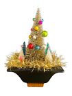 New ListingChristmas Gold Bottle Brush Tree With Vintage Ornaments Mid-Century Black Gold