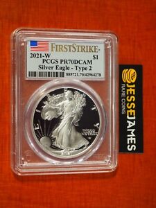 2021 W PROOF SILVER EAGLE PCGS PR70 DCAM FLAG FIRST STRIKE LABEL TYPE 2