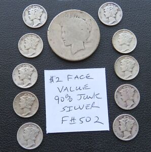 New ListingJunk 90% Silver Coins Peace Dollar and Mercury Dimes $2.00 Face Value - F#502