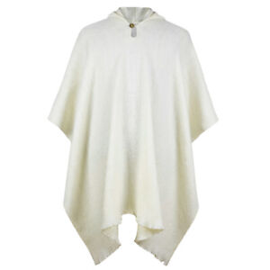 Llama Wool Mens Unisex South American Hooded Poncho Jacket Plain White