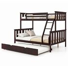 3-in-1 Twin Over Full Bunk Bed Frame Wooden Bed Platform Home W/ Trundle &Ladder