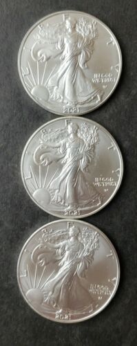 Lot of Three 2021 $1 American Silver Eagle Dollars Type 2