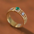 Satin Carving Desigh Round Emerald Natural Diamond Women Ring 14K Yellow Gold