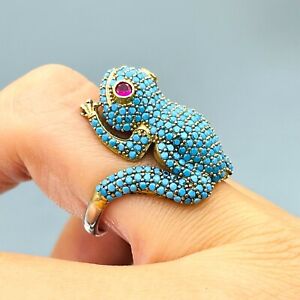 Women's Turquoise 925 Sterling Silver Ring Frog Animal Figure Gift Her Handmade