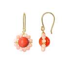 14k Yellow Gold Pink and Red Coral Flower Hook Earring For Women