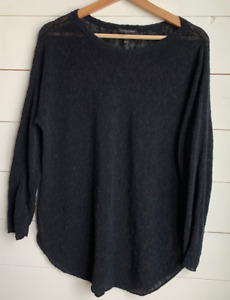 Eileen Fisher Black Open Knit Pullover Sweater Cotton Organic Linen Blend PM