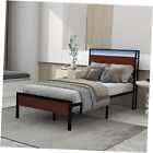 Metal Platform with LED Lights Size Bed Frame with USB Ports & AC Twin Mahogany