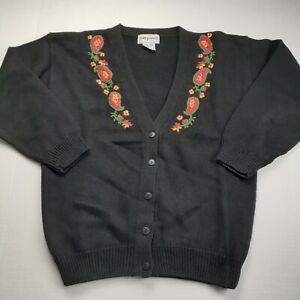Lord Isaacs Womens Cardigan Sweater Size Small Black Paisley Floral Knit VTG