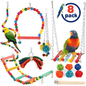 8pcs Bird Parrot Swing Toys Chewing Hanging Hammock Bell Pet Climbing Ladder Toy
