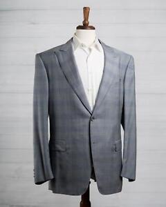 Zilli $5,800 NWOT Gray Blue Window Pane Plaid Wool Silk Blend Suit 48 US (60 IT)