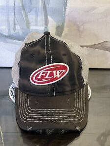 FLW OUTDOORS Trucker Hat Black Distressed W/Red & White Logo Hook And Loop Mesh