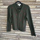 Vintage Olive Green Wool Blend Embroidered Floral Cardigan Sweater Size Small