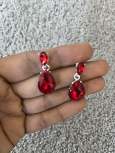 1.25” Red Silver Dangle Drop Rhinestone Prom Long Crystal Pageant Earrings