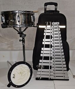 Pearl Student Percussion Kit w/Snare Drum Practice Xylophone Rolling Case Sticks