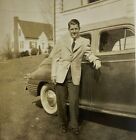 Handsome Man In Suit Leaning On Car B&W Photograph 3.25 x 4.5