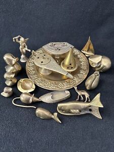 VINTAGE LOT OF BRASS ANIMAL FIGURINES ￼INCENSE BURNERS PLATE 17 TOTAL INDIA