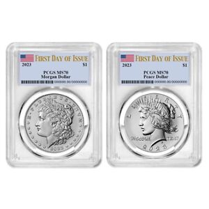 2023 SILVER PEACE & MORGAN DOLLAR 2-COIN SET-PCGS MS70-FIRST DAY OF ISSUE-FLAG!!