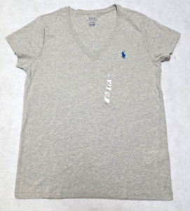 Polo Ralph Lauren Women's L V-Neck Pony Logo Classic Fit T-Shirt Tee Top Gray