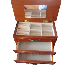 Vintage Wood Jewelry Organizer Box 3 Layers With 2 Drawers And Mirror.