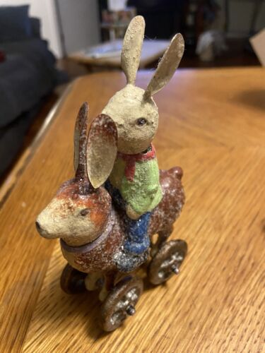 Vtg Bobble Head Glittered Easter Bunny Riding Rabbit Pull Toy Deco Bethany Lowe