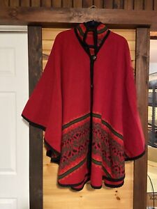WOMENS WOOL PONCHO Cape -Red with  Black Trim- METAL BUTTON-Southwest Design