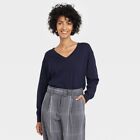 New! Women's Fine Gauge V-Neck Sweater - A New Day Navy Blue M